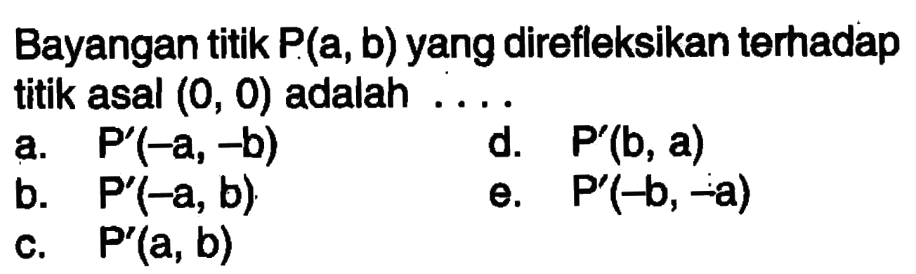 Bayangan titik P(a, b) yang direfleksikan terhadap titik asal (0, 0) adalah