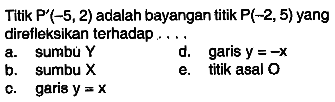 Titik P'(-5,2) adalah bayangan titik P(-2, 5) yang direfleksikan terhadap ...