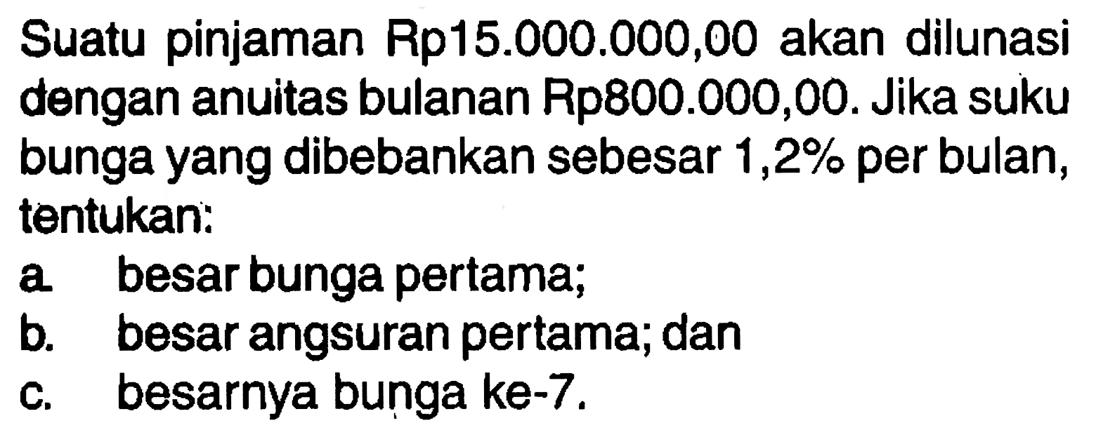 Suatu pinjaman Rp15.000.000,00 akan dilunasi dengan anuitas bulanan Rp800.000,00. Jika suku bunga yang dibebankan sebesar 1,2% per bulan, tentukan: a besar bunga pertama; b. besar angsuran pertama; dan c. besarnya bunga ke-7.