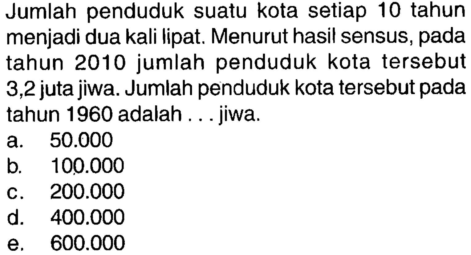 Jumlah penduduk suatu kota setiap 10 tahun menjadi dua kali lipat. Menurut hasil sensus, pada tahun 2010 jumlah penduduk kota tersebut 3,2 juta jiwa. Jumlah penduduk kota tersebut pada tahun 1960 adalah ... jiwa. 