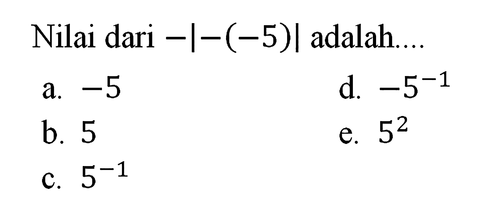 Nilai dari -|-(-5)| adalah....