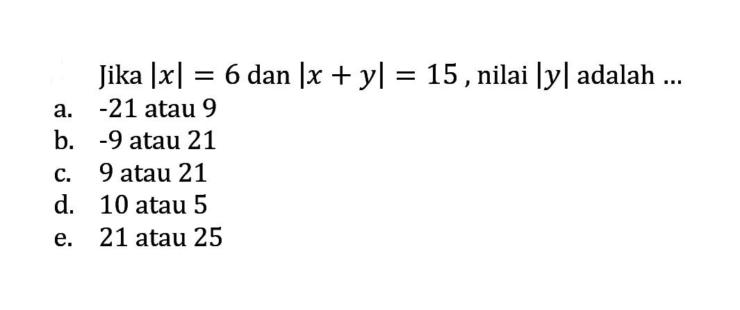 Jika |x|=6 dan |x+y|=15, nilai |y| adalah ....