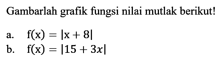 Gambarlah grafik fungsi nilai mutlak berikut! a. f(x)=|x+8| b. f(x)=|15+3x|