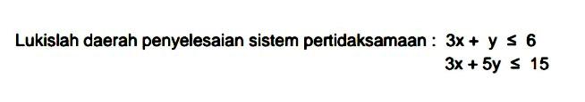 Lukislah daerah penyelesaian sistem pertidaksamaan : 3x+y<=6 3x+5y<=15