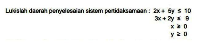 Lukislah daerah penyelesaian sistem pertidaksamaan : 2x+5y<=10 3x+2y<=9 x>=0 y>=0