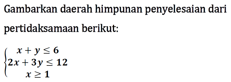 Gambarkan daerah himpunan penyelesaian dari pertidaksamaan berikut: x+y<=6 2x+3y<=12 x>=1