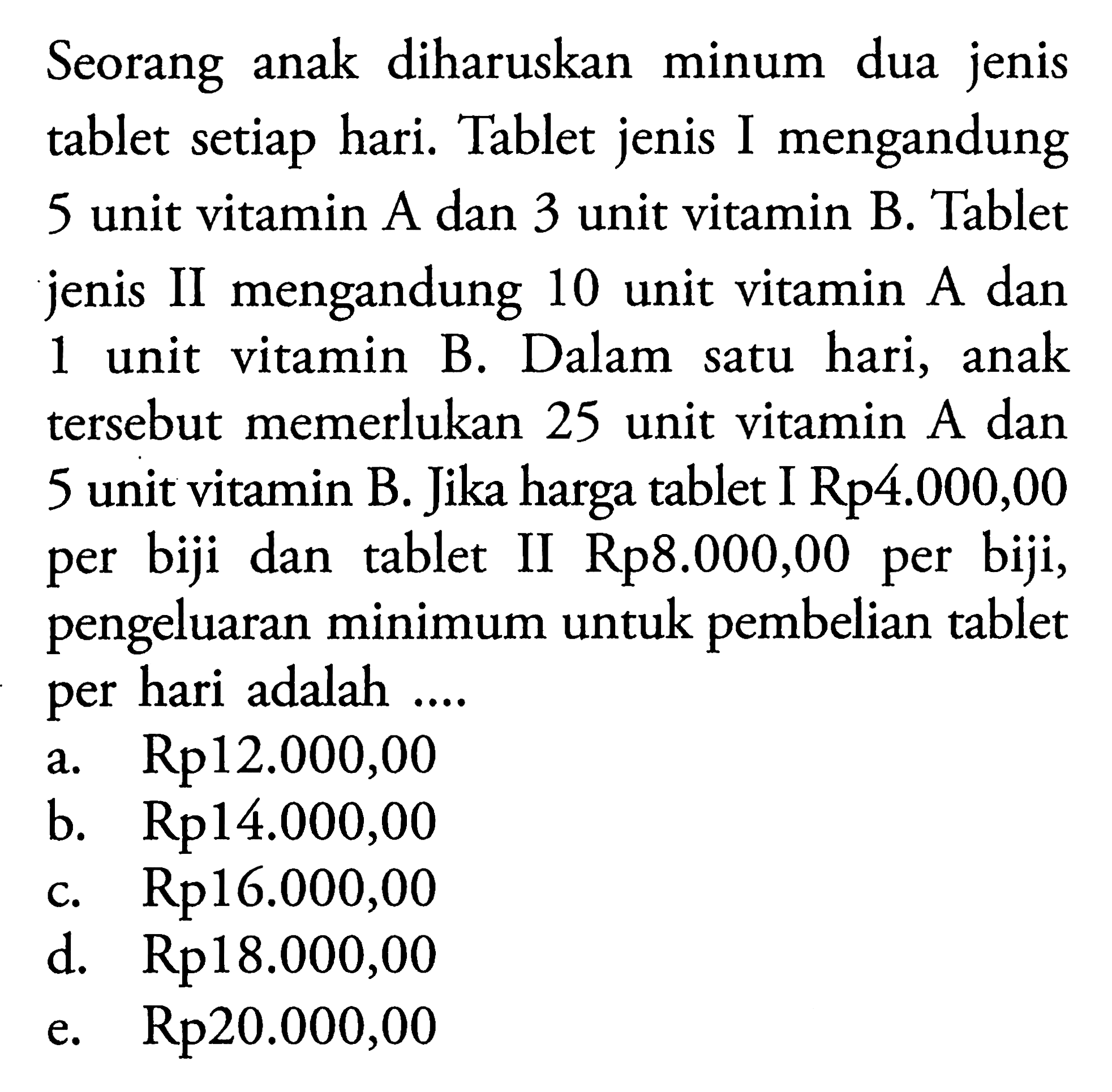 Seorang anak diharuskan dua jenis minum tablet setiap hari. Tablet jenis I mengandung 10 unit vitamin A dan 3 unit vitamin B, Tablet jenis II mengandung 10 unit vitamin A dan 1 unit vitamin B. Dalam satu hari, anak tersebut memerlukan 25 unit vitamin A dan 5 unit vitamin B. Jika harga tablet I Rp4.000,00 per biji dan tablet II Rp8.000,00 per biji, pengeluaran minimum untuk pembelian tablet per hari adalah ....