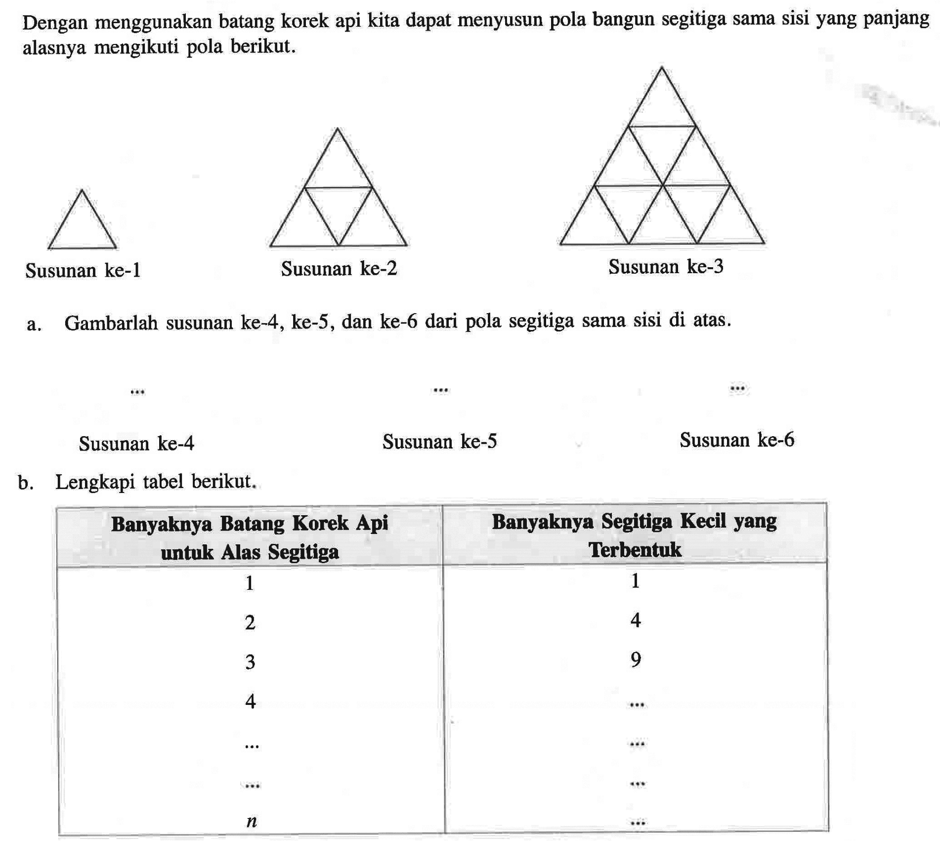 Dengan menggunakan batang korek api kita dapat menyusun pola bangun segitiga sama sisi yang panjang alasnya mengikuti pola berikut. Susunan ke-l Susunan ke-2 Susunan ke-3 a. Gambarlah susunan ke-4, ke-5, dan ke-6 dari pola segitiga sama sisi di atas. ... ... ... Susunan ke-4 Susunan ke-5 Susunan ke-6 b. Lengkapi tabel berikut. Banyaknya Batang Korek Api untuk Alas Segitiga Banyaknya Segitiga Kecil yang Terbentuk 1 1 2 4 3 9 4 ... ... ... ... ... n ...