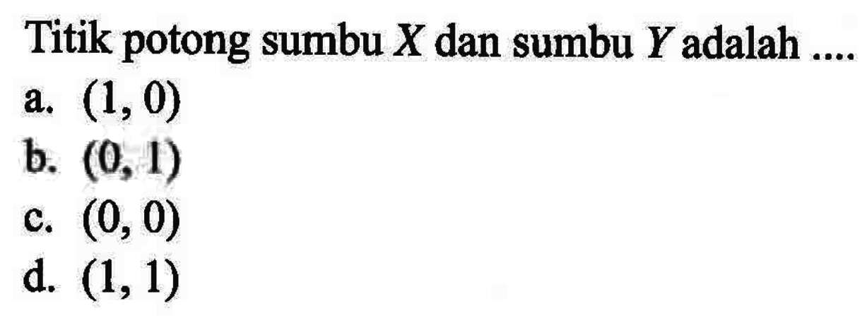 Titik potong sumbu X dan sumbu Y adalah... a. (1,0) b. (0, 1) c. (0, 0) d. (1,1)