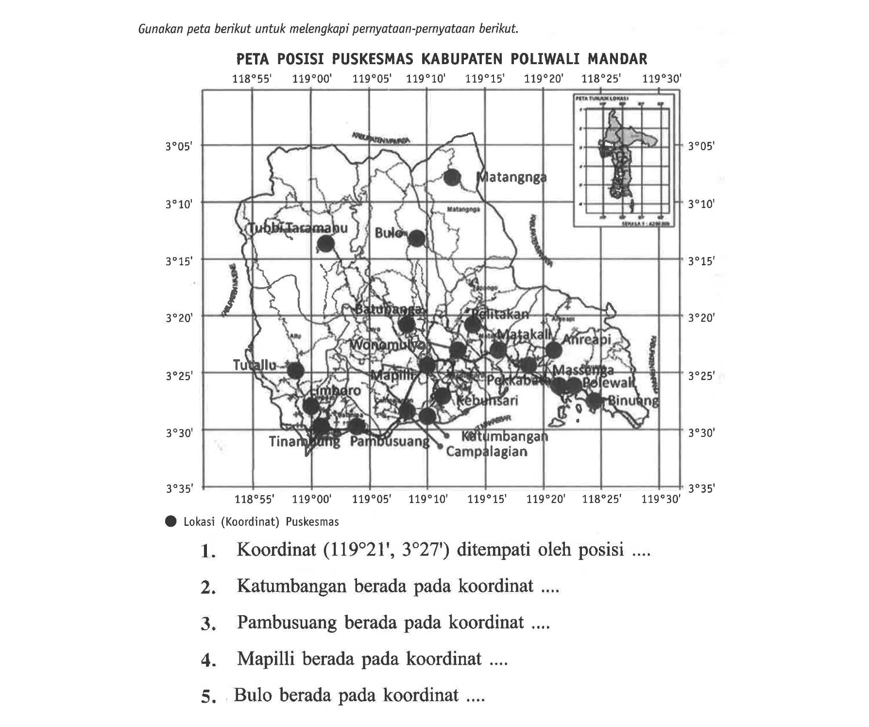 Gunakan peta berikut untuk melengkapi pernyataan-pernyataan berikut: PETA POSISI PUSKESMAS KABUPATEN POLIWALI MANDAR Lokasi (Koordinat) 1. Koordinat (119 21', 3 27') ditempati oleh posisi ... 2. Katumbangan berada pada koordinat ... 3. Pambusuang berada pada koordinat ... 4. Mapilli berada pada koordinat ... 5. Bulo berada pada koordinat ...