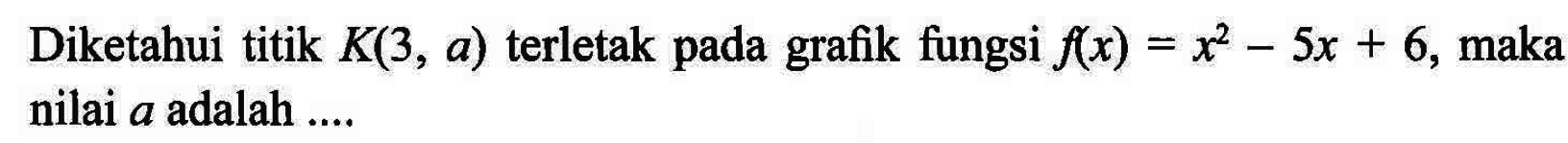 Diketahui titik K(3, a) terletak pada grafik fungsi f(x) = x^2 - 5x + 6, maka nilai a adalah ....