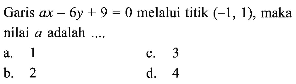 Garis ax - 6y + 9 = 0 melalui titik (-1, 1), maka nilai a adalah...