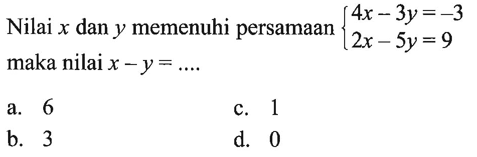 Nilai x dan y memenuhi persamaan 4x - 3y = -3 2x - 5y = 9 maka nilai x - y = ... a. 6 c. 1 b. - 3 d. 0