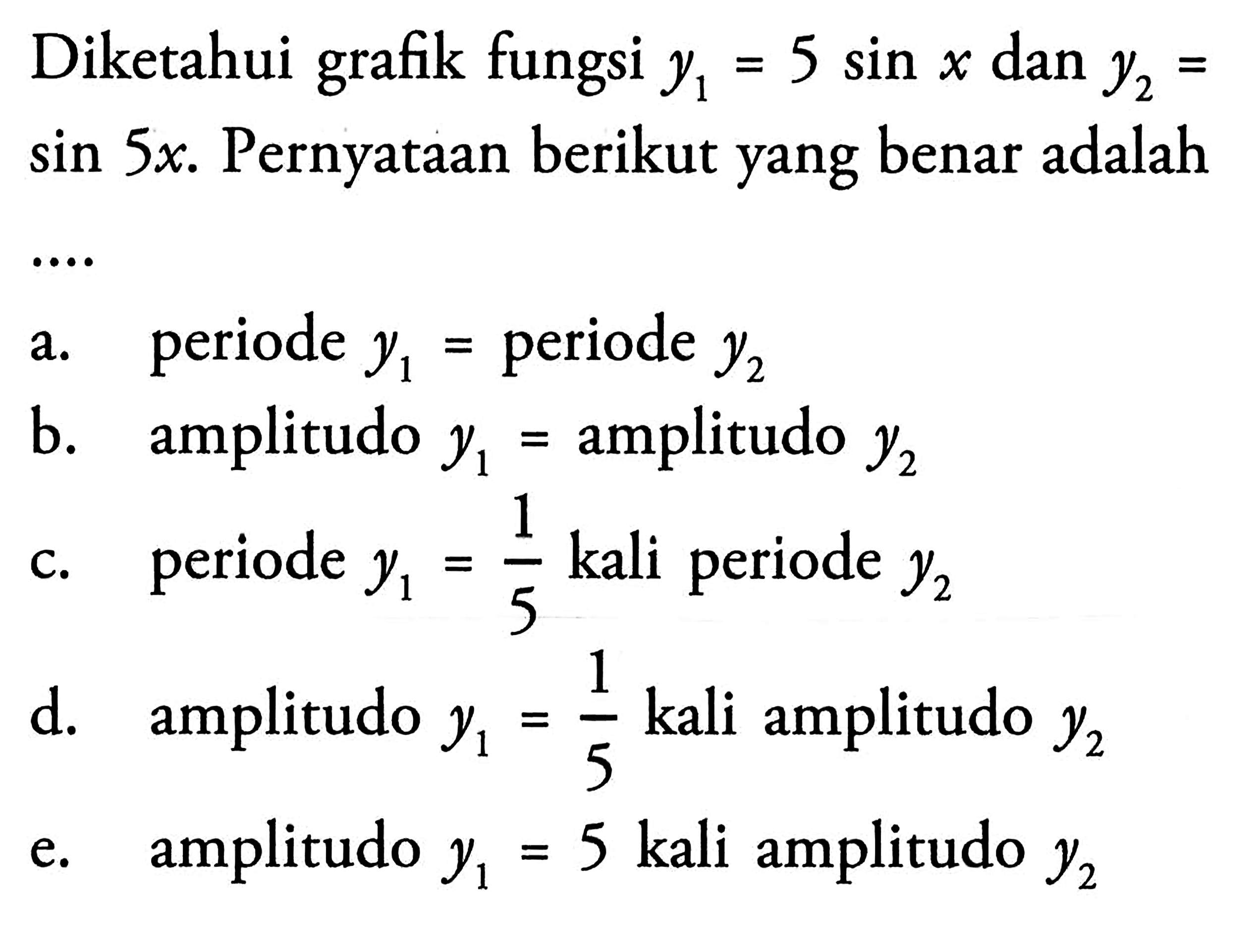 Diketahui grafik fungsi y1 = 5 sin x dan y2 = sin (5x). Pernyataan berikut yang benar adalah ....