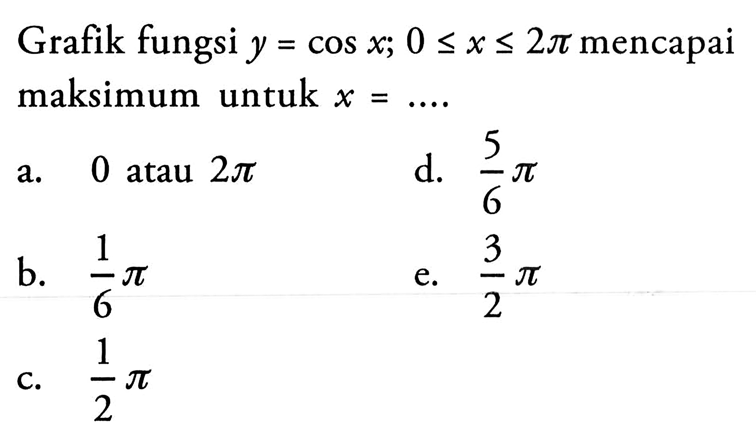 Grafik fungsi y=cos x; 0<=x<=2pi mencapai maksimum untuk x= ...