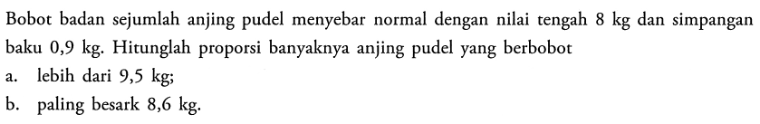 Bobot badan sejumlah anjing pudel menyebar normal dengan nilai tengah 8 kg dan simpangan baku 0,9 kg. Hitunglah proporsi banyaknya anjing pudel yang berbobot a. lebih dari 9,5 kg; b. paling besark 8,6 kg.