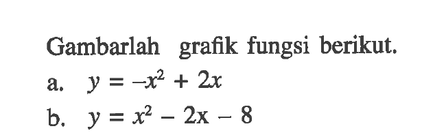 Gambarlah grafik fungsi berikut a.Y = -x^2 + 2x b. Y = x^2 -2x - 8