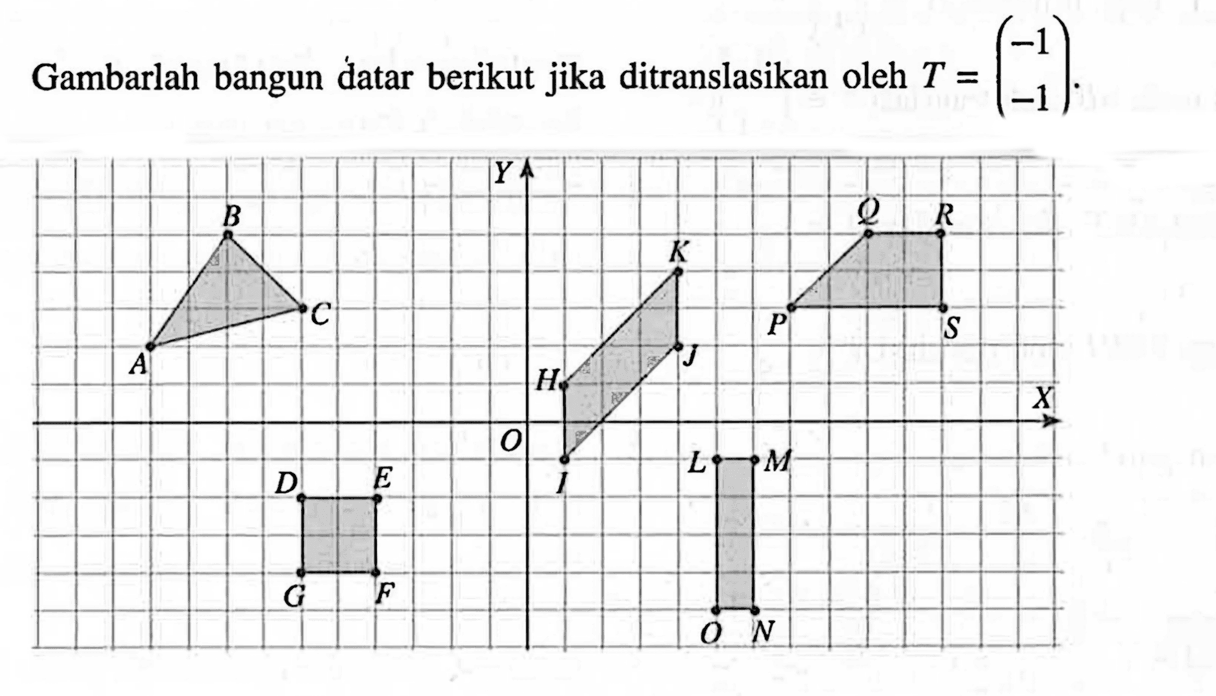 Gambarlah bangun datar berikut jika ditranslasikan oleh T=(-1 -1).
ABC DEFG HIJK LMNO PQRS XY