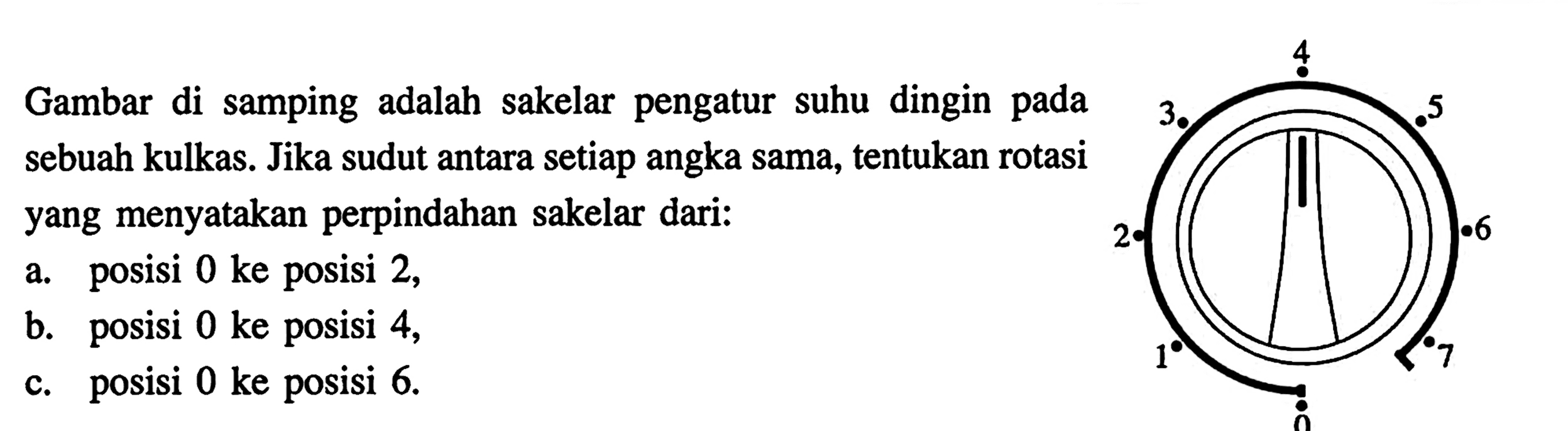 Gambar di samping adalah sakelar pengatur suhu dingin pada sebuah kulkas. Jika sudut antara setiap angka sama, tentukan rotasi yang menyatakan perpindahan sakelar dari: 
a. posisi 0 ke posisi 2, 
b. posisi 0 ke posisi 4, 
c. posisi 0 ke posisi 6. 
0 1 2 3 4 5 6 7