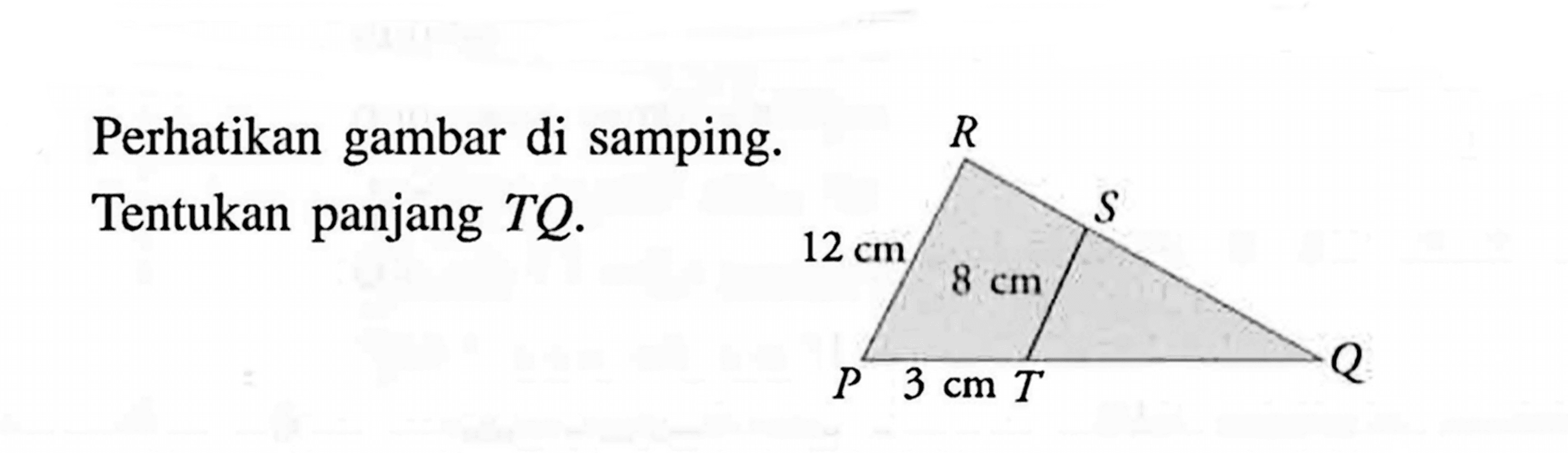 Perhatikan gambar di samping. Tentukan panjang TQ. P Q R S T 12 cm 8 cm 3 cm 