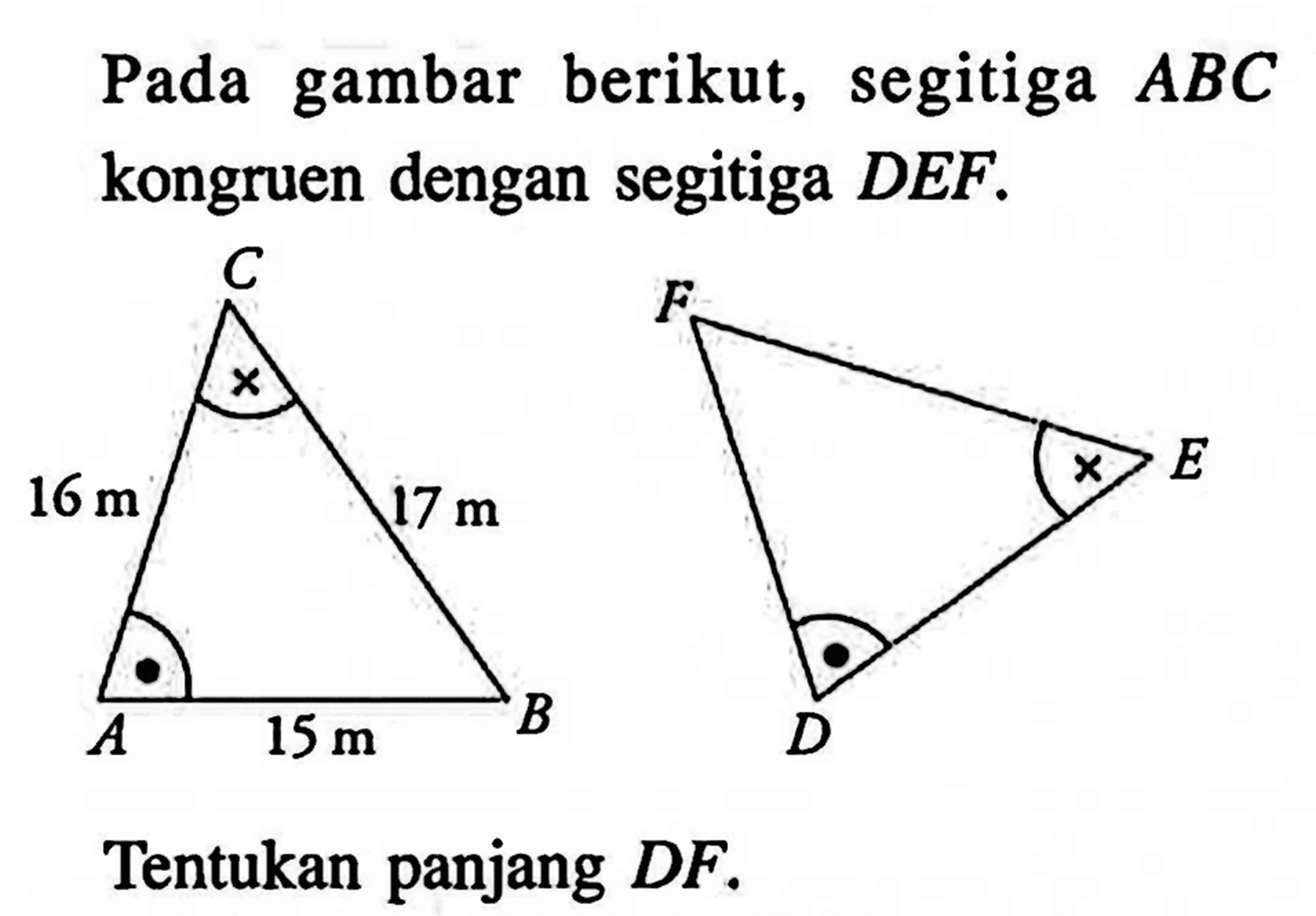 Pada gambar berikut, segitiga ABC kongruen dengan segitiga DEF.C x 16 m 17 m  A . 15 m B F D . x ETentukan panjang DF.