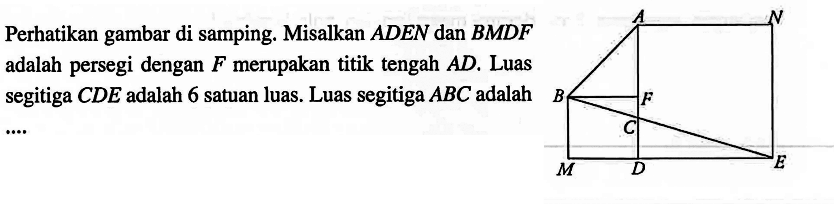 Perhatikan gambar di samping. Misalkan ADEN dan BMDF adalah persegi dengan  F  merupakan titik tengah  AD. Luas