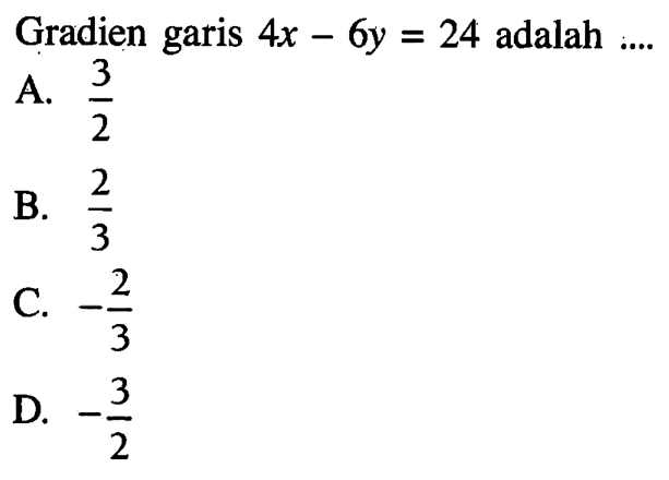 Gradien garis 4x - 6y = 24 adalah ....