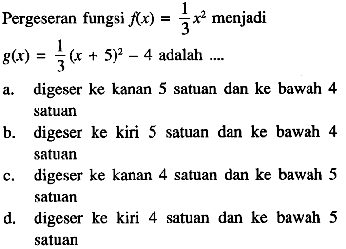 Pergeseran fungsi f(x) = 1/3x^2 menjadi g(x) = 1/3(x + 5)^2 - 4 adalah