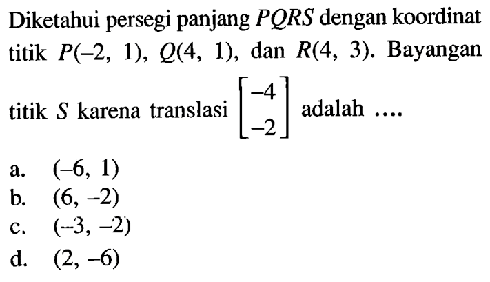 Diketahui persegi panjang  PQRS dengan koordinat titik  P(-2,1), Q(4,1), dan R(4,3). Bayangan titik S karena translasi [-4  -2] adalah ....