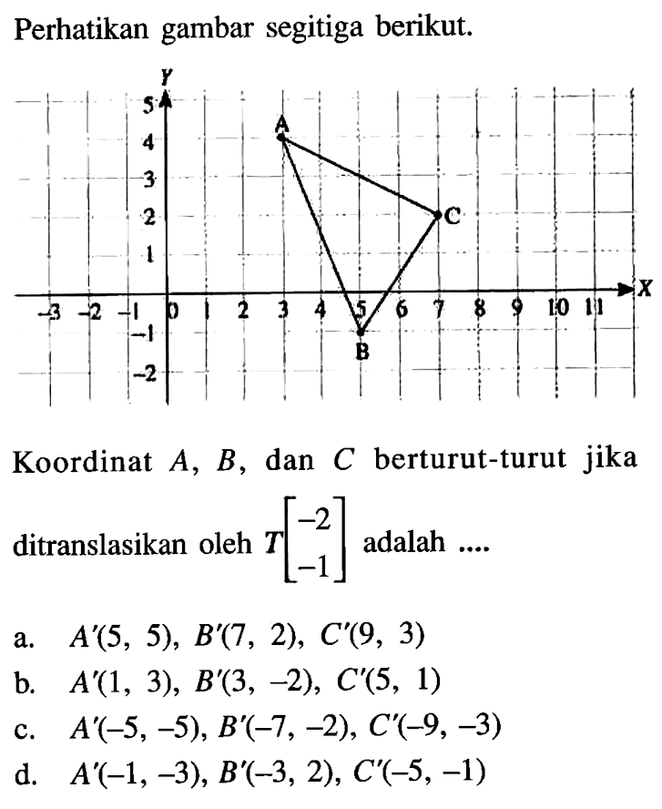 Perhatikan gambar segitiga berikut. Koordinat  A, B, dan C berturut-turut jika ditranslasikan oleh T[-2  -1] adalah  ... . 