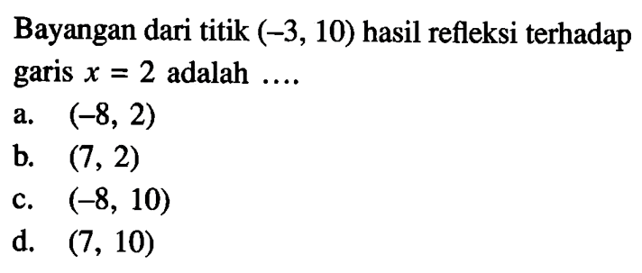 Bayangan dari titik  (-3,10)  hasil refleksi terhadap garis  x=2  adalah ....