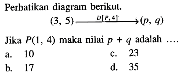 Perhatikan diagram berikut.(3,5) D[P, 4] -> (p,q)Jika P(1,4) maka nilai p+q adalah ....