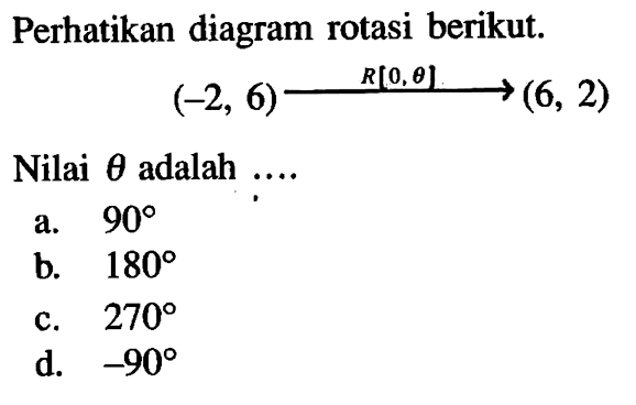 Perhatikan diagram rotasi berikut. (-2,6) R[O, theta] (6,2) Nilai theta adalah .... 