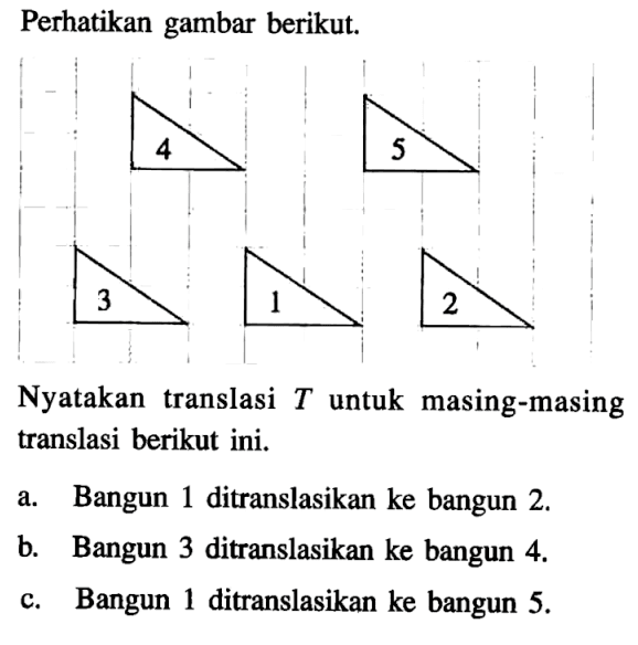 Perhatikan gambar berikut.
4 5
3 1 2
Nyatakan translasi T untuk masing-masing translasi berikut ini.
a. Bangun 1 ditranslasikan ke bangun 2.
b. Bangun 3 ditranslasikan ke bangun 4.
c. Bangun 1 ditranslasikan ke bangun 5.