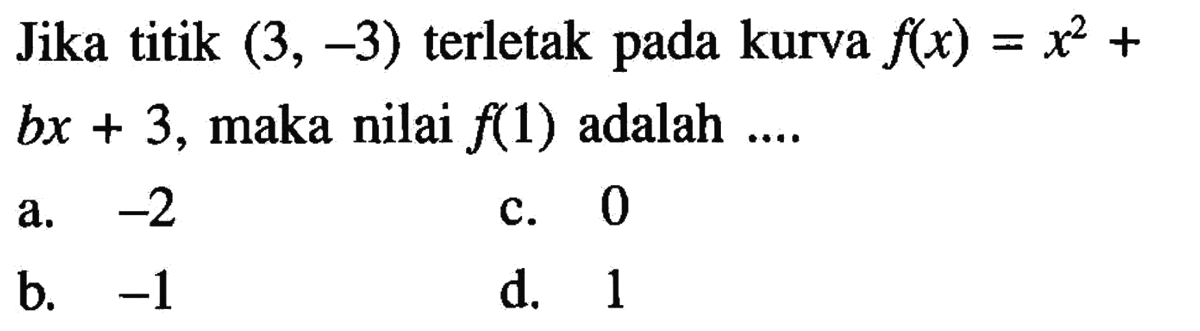 Jika titik (3, -3) terletak pada kurva f(x) = x^2 + bx + 3, maka nilai f(1) adalah...