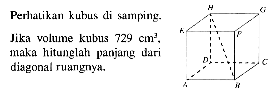 Perhatikan kubus di samping. Jika volume kubus 729 cm^3, maka hitunglah panjang dari diagonal ruangnya.