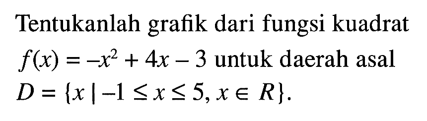 Tentukanlah grafik dari fungsi kuadrat f(x) = -x^2 + 4x - 3 untuk daerah asal D = {x | -1 <= x <= 5, x e R}