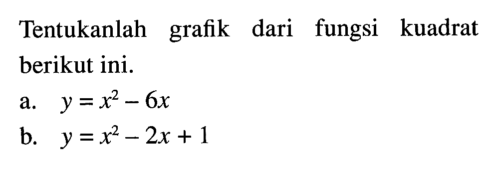 Tentukanlah dari fungsi grafik kuadrat berikut ini. y = x^2 - 6x b. y = x^2 - 2x + 1