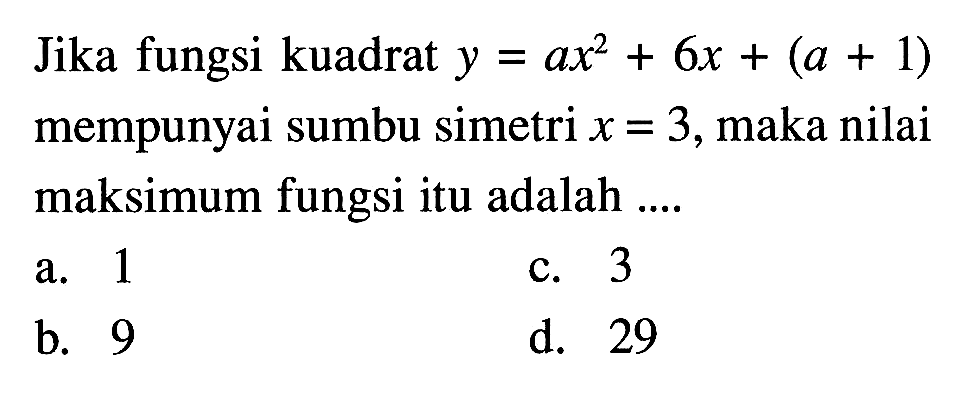 Jika fungsi kuadrat y = ax^2 + 6x + (a + 1) = mempunyai sumbu simetri x = 3, maka nilai maksimum fungsi itu adalah.... a. 1 c. 3 b. 9 d. 29