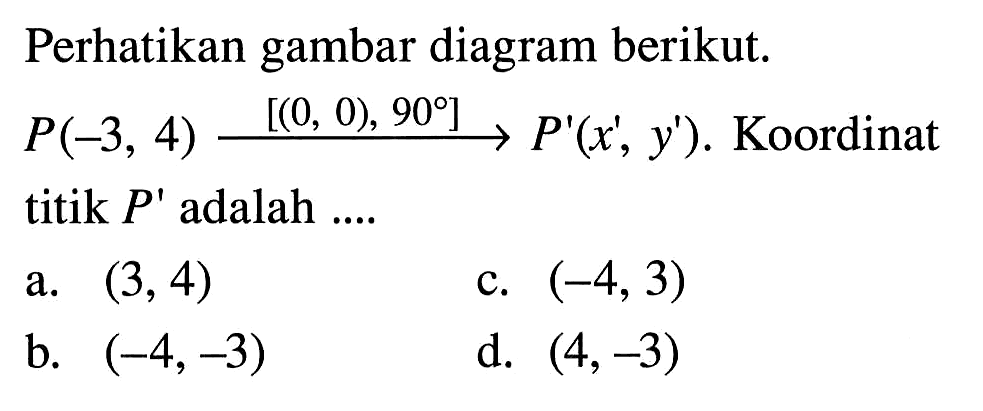 Perhatikan gambar diagram berikut.  P(-3,4) [(0,0), 90]-> P'(x', y') .  Koordinat titik  P'  adalah ....