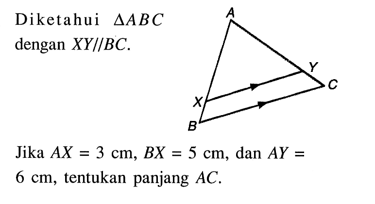 Diketahui segitiga ABC dengan XY//BC.A X Y B CJika AX = 3 cm, BX = 5 cm, dan AY = 6 cm, tentukan panjang AC.