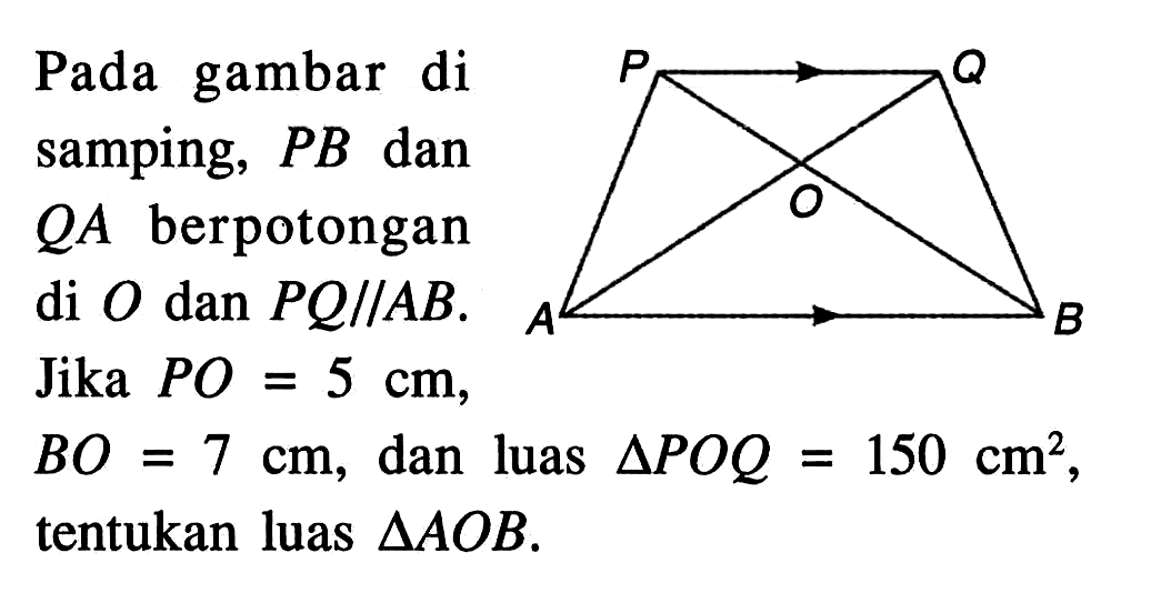 Pada gambar di samping, PB dan QA berpotongan di O dan PQ//AB. Jika PO=5 cm, BO=7 cm, dan luas segitiga POQ=150 cm^2, tentukan luas segitiga AOB.PQOAB 