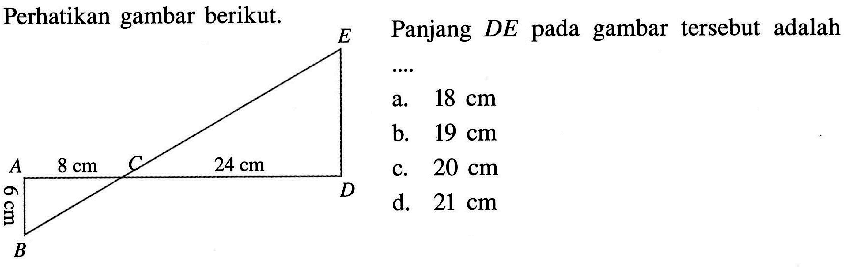 Perhatikan gambar berikut.Panjang DE pada gambar tersebut adalah ....E A C D B 8cm 24cm 6cm 