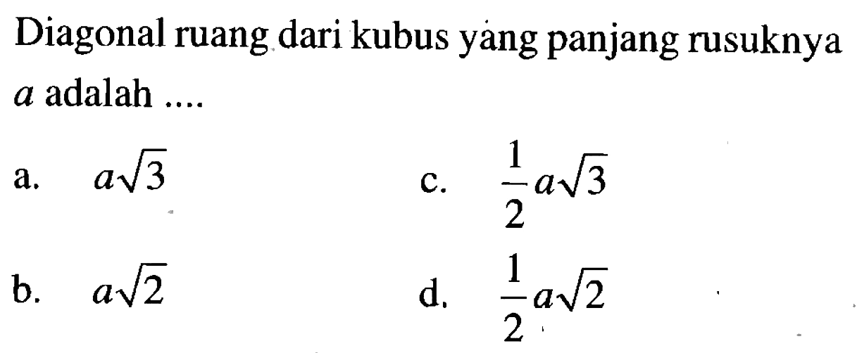 Diagonal ruang dari kubus yáng panjang rusuknya a adalah ....