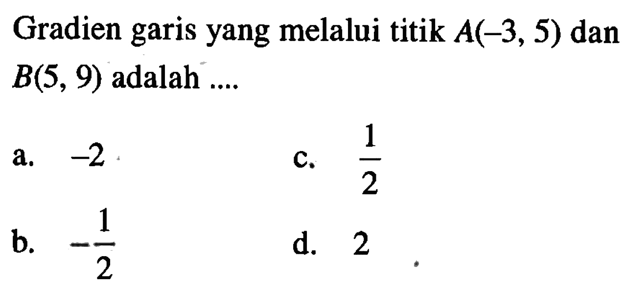 Gradien garis yang melalui titik A (-3, 5) dan B (5, 9) adalah .... a. -2 b. -1/2 c. 1/2 d. 2