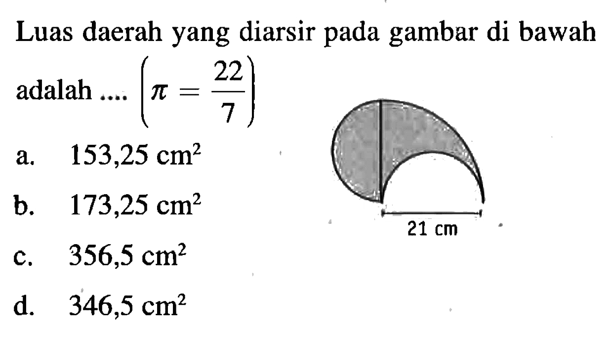 Luas daerah yang diarsir pada gambar di bawah adalah .... (pi=22/7) 21 cm 