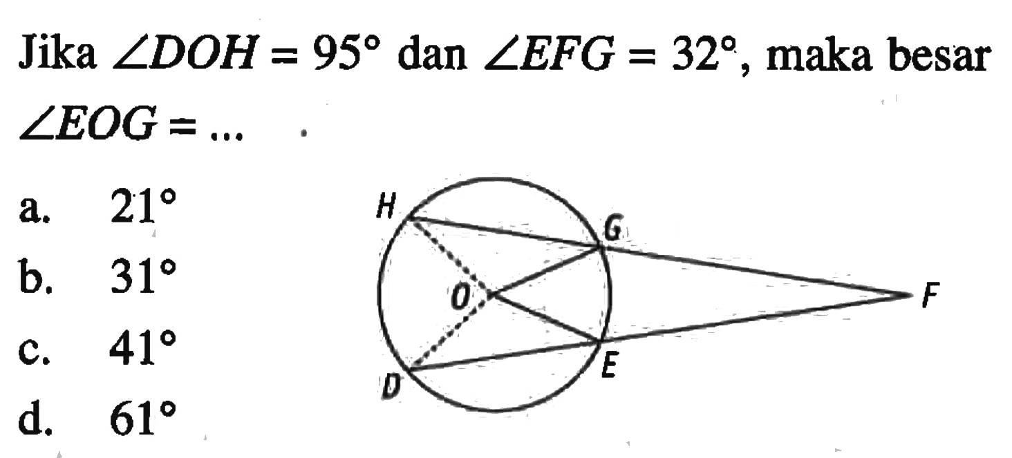 Jika  sudut D O H=95  dan  sudut E F G=32 , maka besar  sudut E O G=... a.  21 b.  31 c.  41 d.  61 