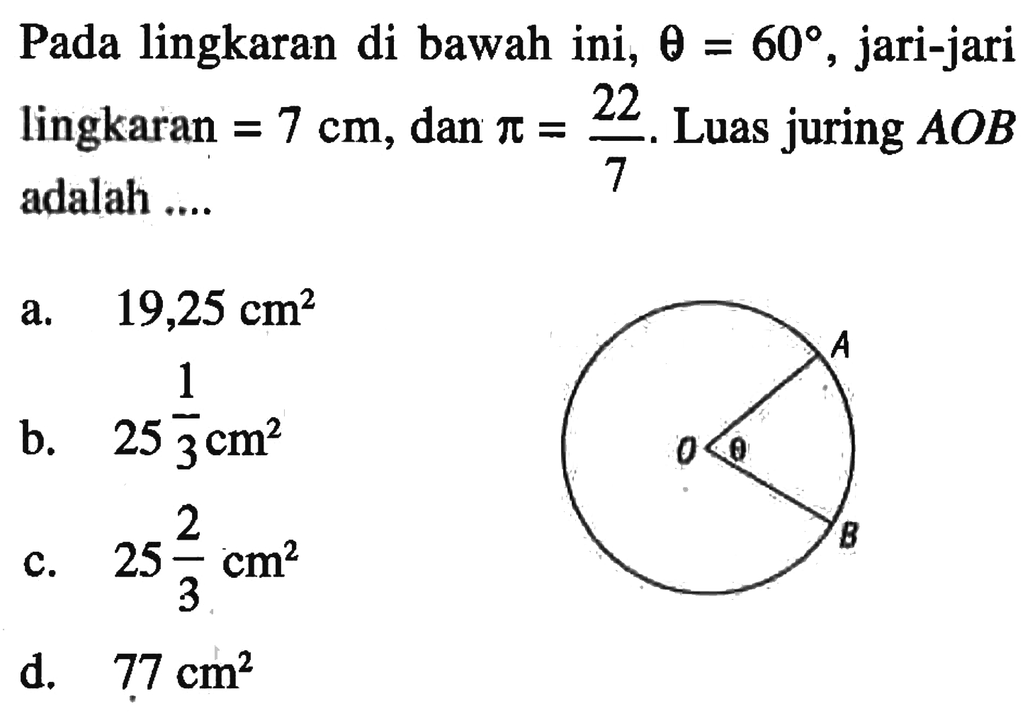 Pada lingkaran di bawah ini, theta=60, jari-jari lingkaran=7 cm, dan pi=(22/7). Luas juring AOB adalah ....