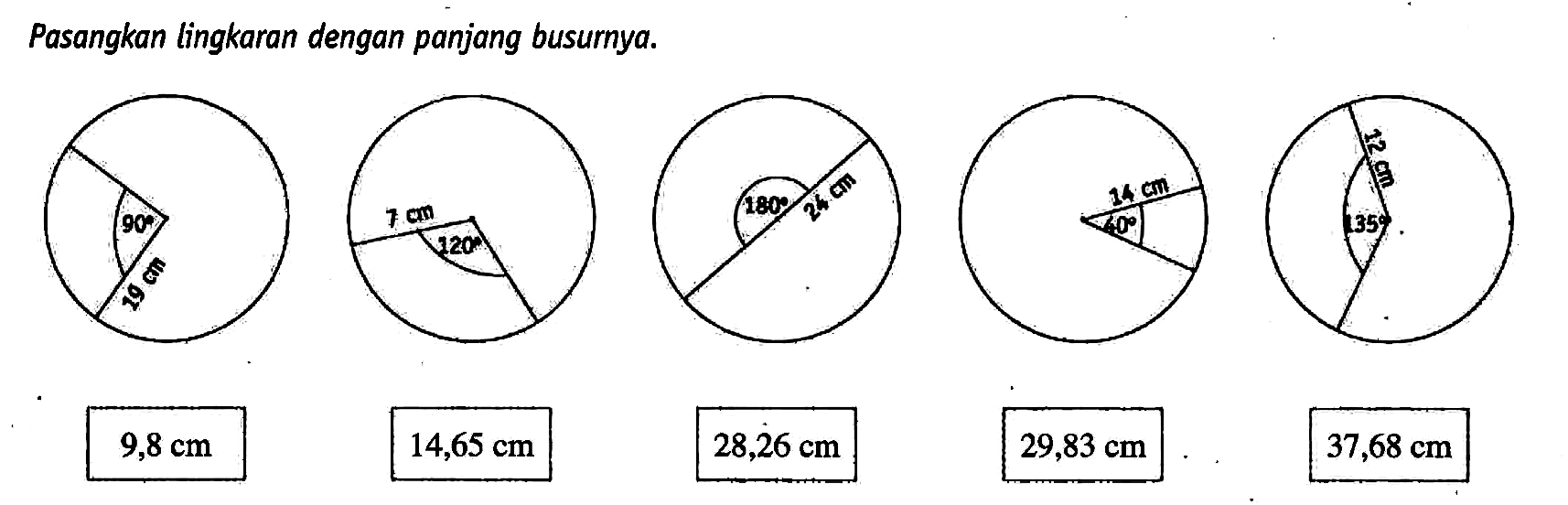 Pasangkan lingkaran dengan panjang busurnya.90 19 cm  120 7 cm  180 24 cm  60 14 cm  135 12 cm 9,8 cm  14,65 cm  28,26 cm  29,83 cm  37,68 cm