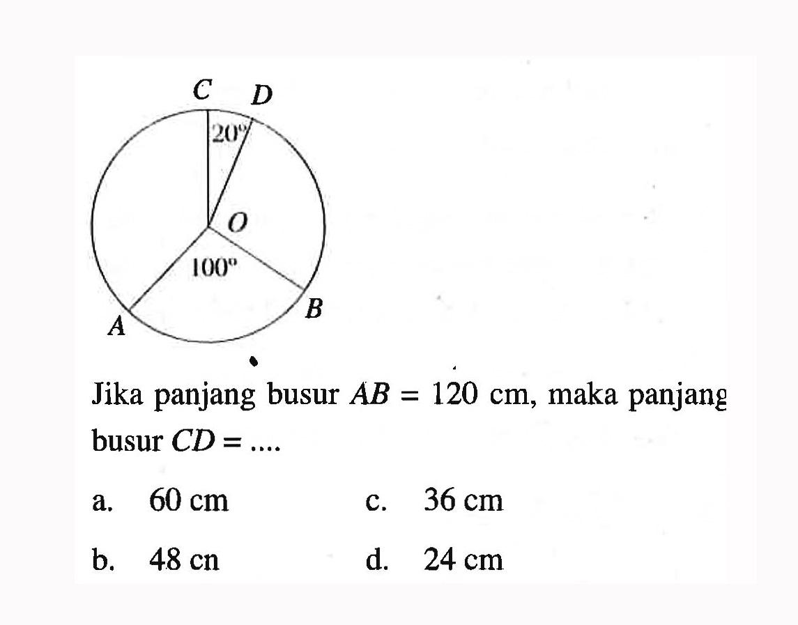 Jika panjang busur AB=120 cm , maka panjang busur CD=... 